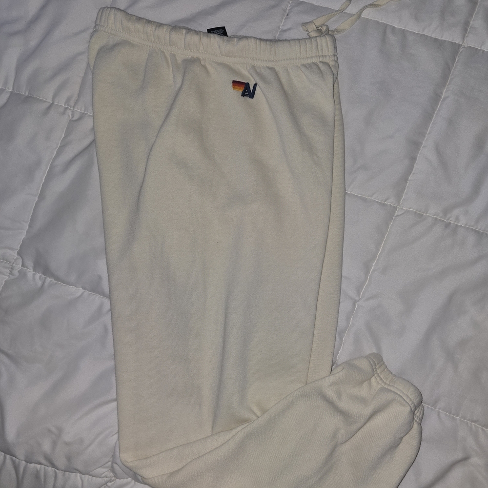 Aviator Nation Cream Jogger Pants with Small Rainbow Logo